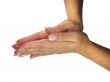 Human lady hand showing connected palms isolated over white background