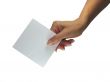 Human lady hand showing empty paper card isolated over white background