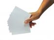 Human lady hand showing empty paper cards isolated over white ba
