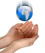 Woman hands catching falling blue globe