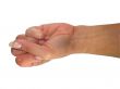 Human lady hand showing fist isolated over white background