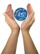 Human lady hands protecting earth globe isolated over white