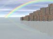 Conceptual city skyscrapers on blue sky and rainbow