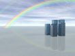 3d Conceptual city skyscrapers on blue sky and rainbow