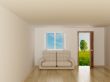 Landscape behind the open door and window. 3D image