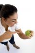 young model indicating the apple