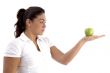 woman looking the apple