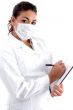 doctor posing with mask and writing board