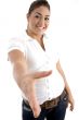 smiling model offering hand shake