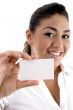 young female showing business card