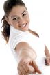 smiling model pointing