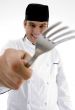 close up view of fork holding chef