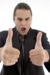 lawyer with thumbs up hand gesture