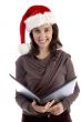business woman holding files and wearing hat