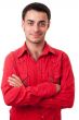 smiling man in a red shirt