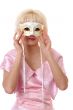 A doll-looking woman under the venetian mask