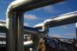 Industrial zone, Steel pipe-lines on blue sky