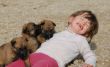 laughing girl and puppies