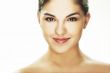 happy young woman on white background