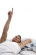 resting young man pointing upward