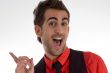 cheerful man pointing backside
