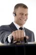businessman with bluetooth and holding office bag