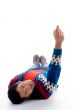 laying handsome young man pointing upward