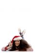 pointing female with christmas hat