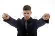 handsome young attorney pointing with both fingers