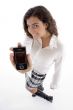 high angle view of young woman showing cell phone