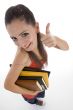 high angle view of student showing good luck sign