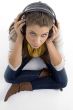 high angle view of woman wearing headset