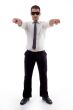 standing professional man pointing with both hands