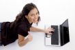 laying woman with laptop and looking upward