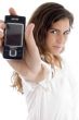 young woman showing cell phone