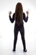 young female barber posing from back