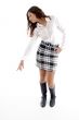 young woman pointing down