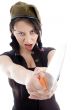 pretty young female holding knife