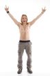 shirtless male raising his hands