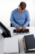 high angle view of working man on computer