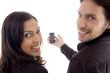 pleased friends showing cell phone