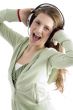 woman listening to headset enjoying