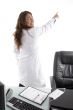 back pose of young doctor pointing back side