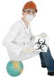 Scientist with poster biohazard sit on a globe