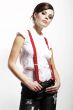 Photo of beautiful girl stretching suspenders