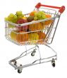 Shopping trolley with fruits, supermarket