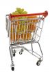 Shopping trolley with fruits, supermarket