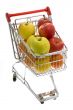Shopping trolley with fruits, supermarket
