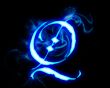 Blue flame magic font over black background. Letter Q
