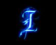 Blue flame magic font over black background. Letter I